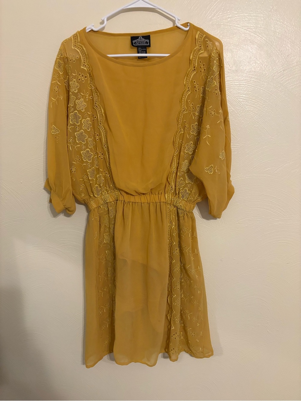 Angie Mustard Embroidered Chiffon Dress Boho Elastic Waist Size S